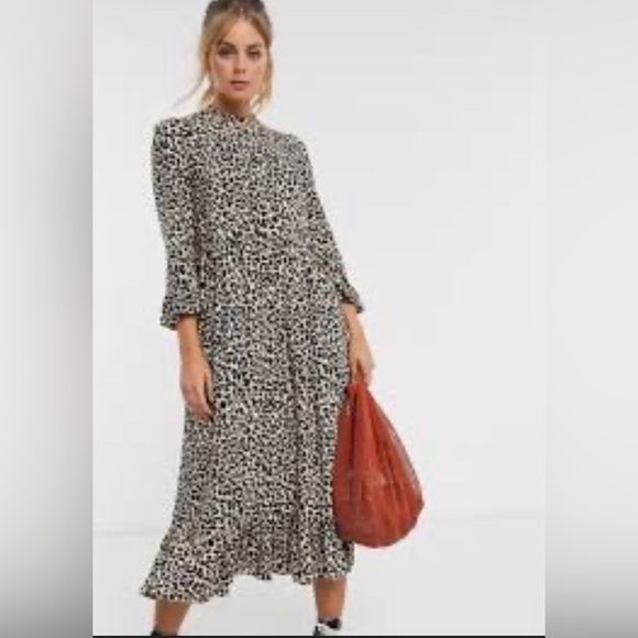 ASOS NWOT Leopard Print Cottage Prairie Button Up Tier Smocked Maxi Dress Size 6 - Picture 1 of 9